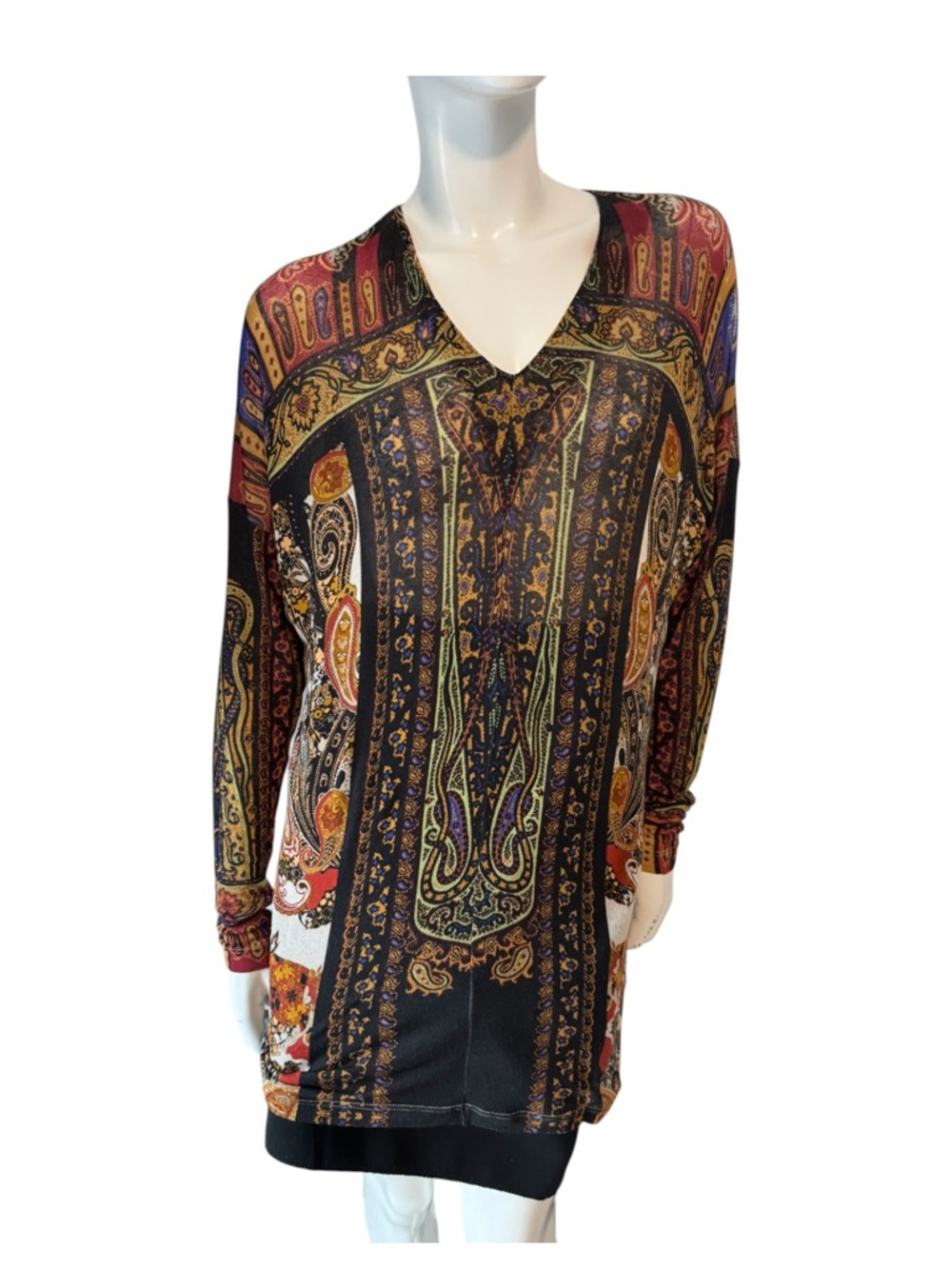 Etro Paisley V-Neck Tunic in Black, Gold, Red and Purple